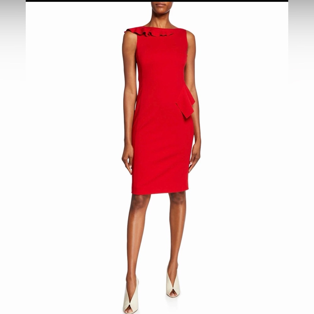 AKRIS PUNTO RUFFLE DETAIL JERSEY RED SHEATH DRESS